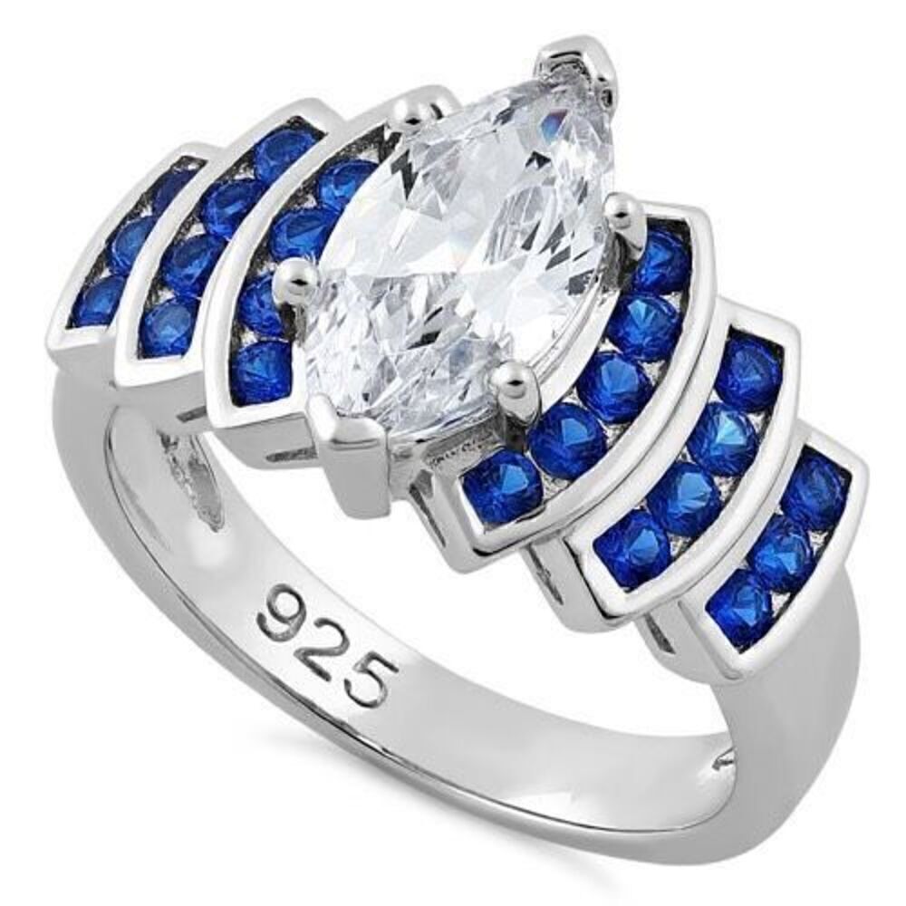 Sterling Silver Elegant Blue Spinel Marquise Clear CZ Ring New